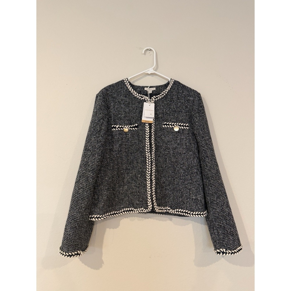 NWT Nice And Chic Tweed Jacket/Blazer Navy With White Braided Trim Size Large